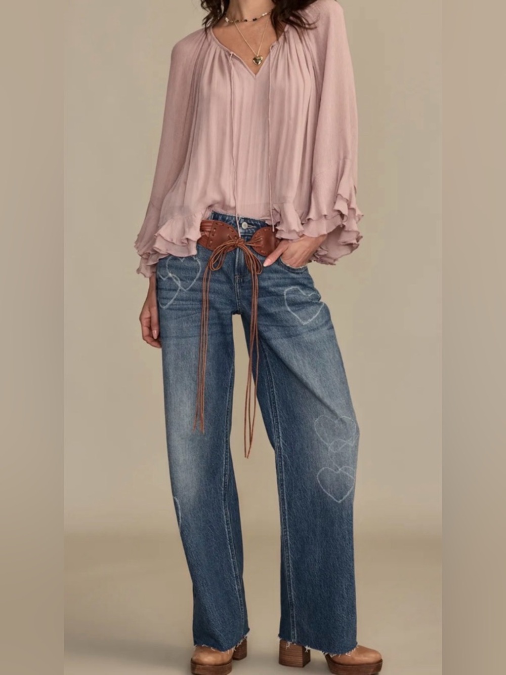 NWT Lucky Brand Jeans Lucky Legend Laser Hearts Baggy Wide Leg Boho Style Sz 29